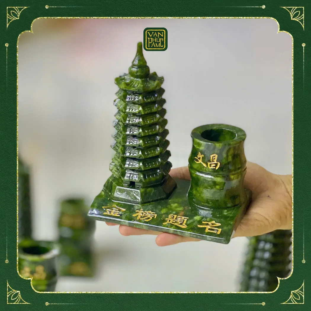 Tháp Văn Xương Kèm Lọ Đựng Bút Đá Serpentine - Cao 18cm