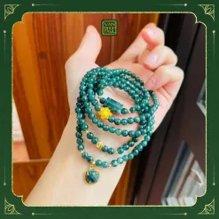 Vòng Chuỗi Lam Ngọc Mix Charm, Hoa Sen, Lu Thống Và Hồ Ly Bọc Vàng 10K