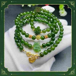 Chuỗi Ngọc Bích Mix Nút Đồng Tâm, Hoa Sen Và Charm Bạc Xi Vàng