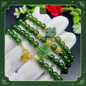 Chuỗi Ngọc Bích Mix Nút Đồng Tâm, Hoa Sen Và Charm Bạc Xi Vàng 