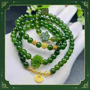 Chuỗi Ngọc Bích Mix Nút Đồng Tâm, Hoa Sen Và Charm Bạc Xi Vàng 