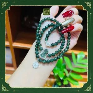 Chuỗi Thạch Anh Tóc Xanh Mix Charm Kim Cang Và Hồ Lô Bọc Bạc