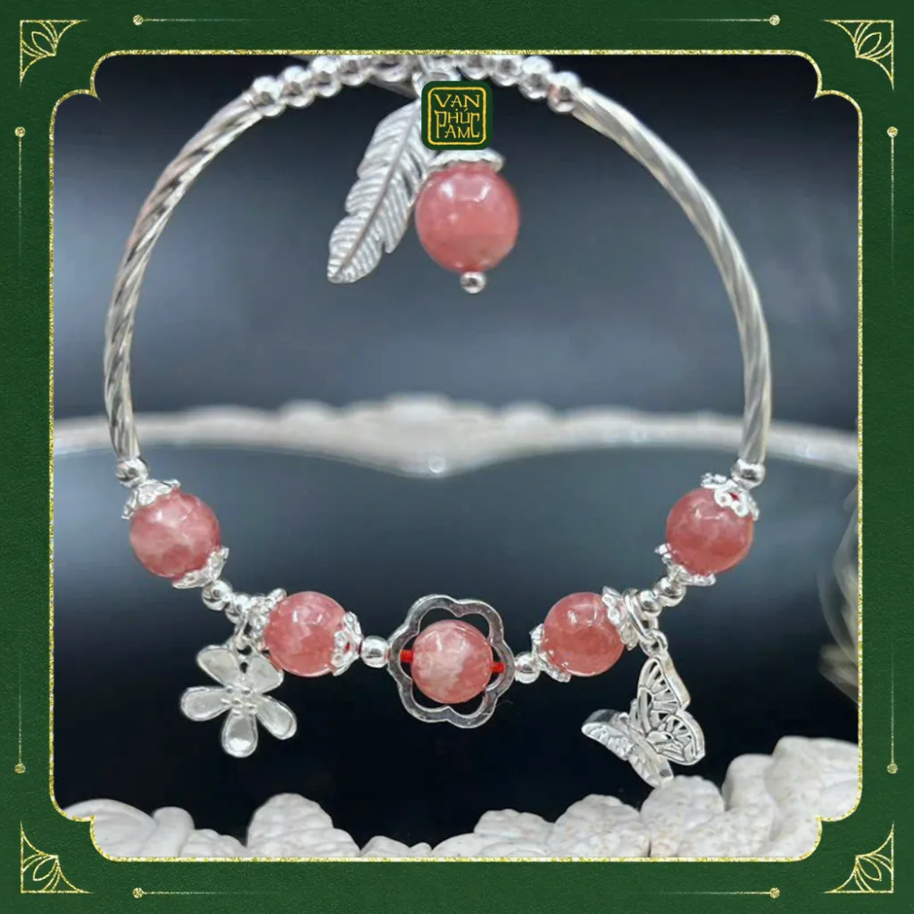 Vòng Đá Đào Hoa Mix Charm Bạc