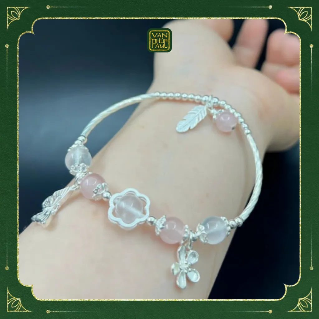 Vòng Charm Bạc, Đá Mặt Trăng Mix Thạch Anh Hồng
