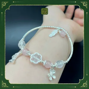 Vòng Charm Bạc, Đá Mặt Trăng Mix Thạch Anh Hồng