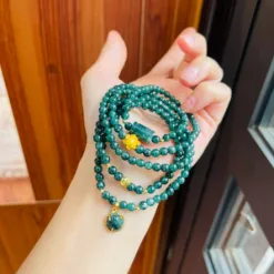 Vòng Chuỗi Lam Ngọc Mix Charm, Hoa Sen, Lu Thống Và Hồ Ly Bọc Vàng 10K